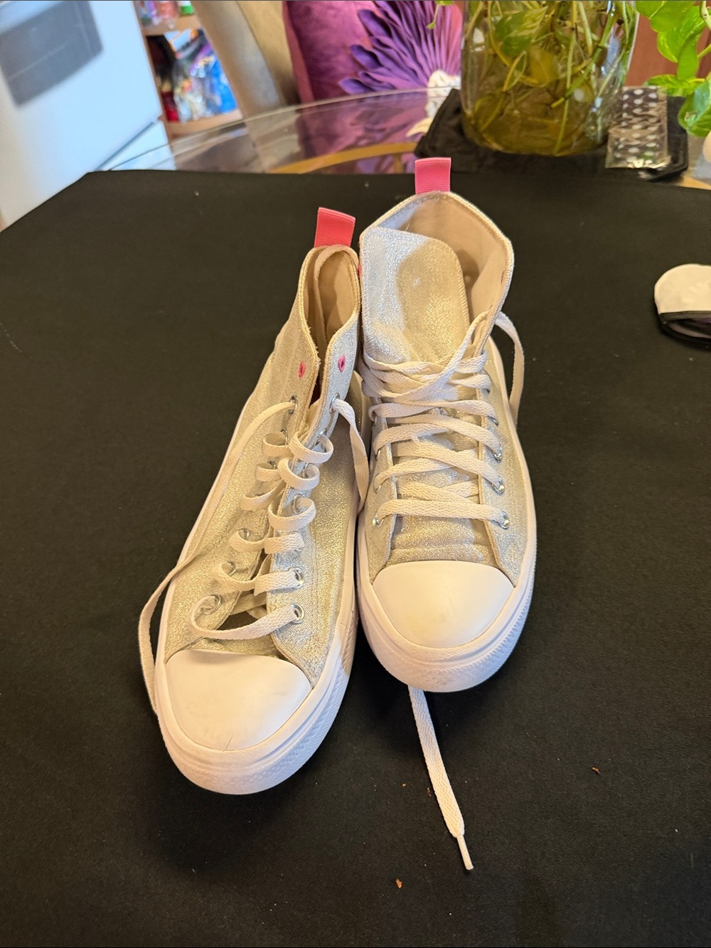 Converse Silver Glitter High-Top Sneakers with Pink Heel Tab